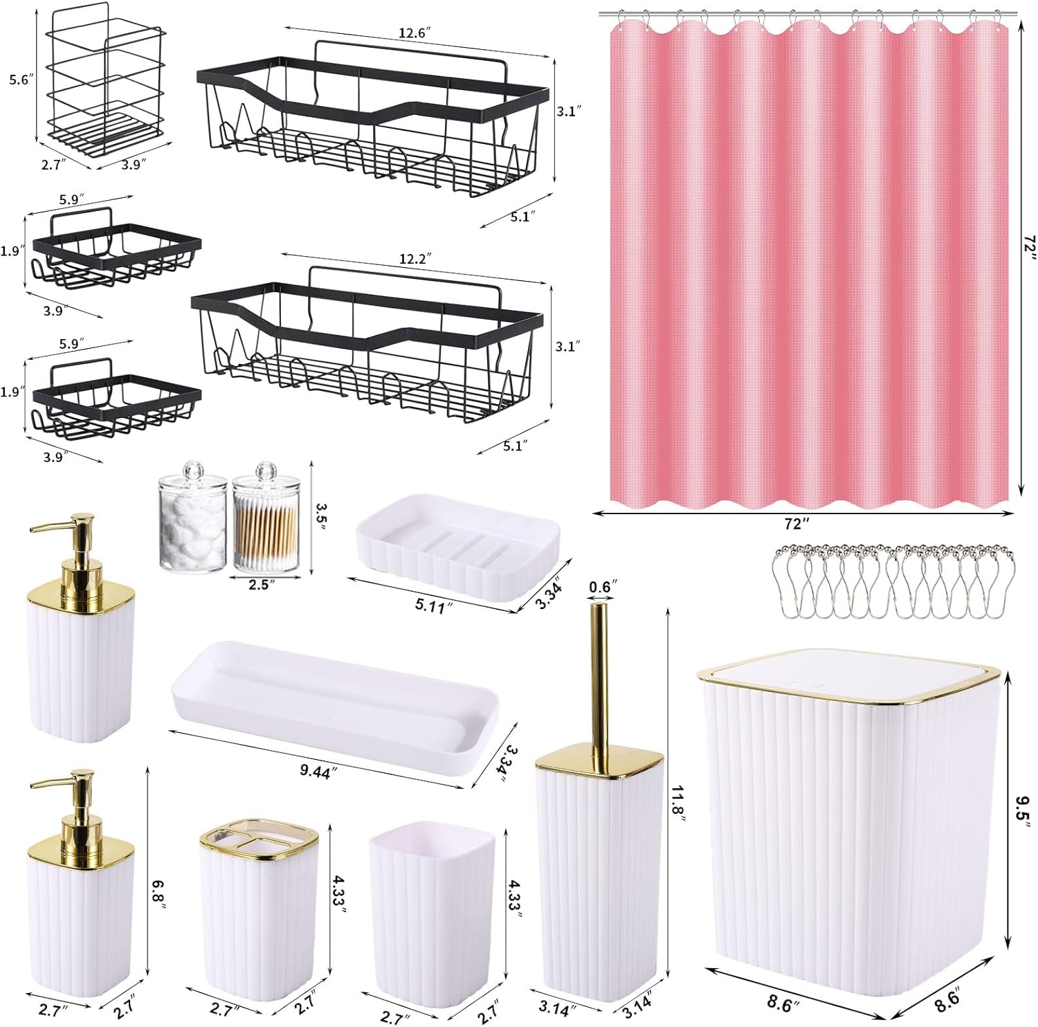 Bathroom Accessories Set - Gorgeous Bathroom Set, 28PC White Bathroom Accessory Set, Shower Curtain with 5PC Adhesive Corner Shower Caddy Hanging, Toilet Brush, Trash Can & Soap Dispenser