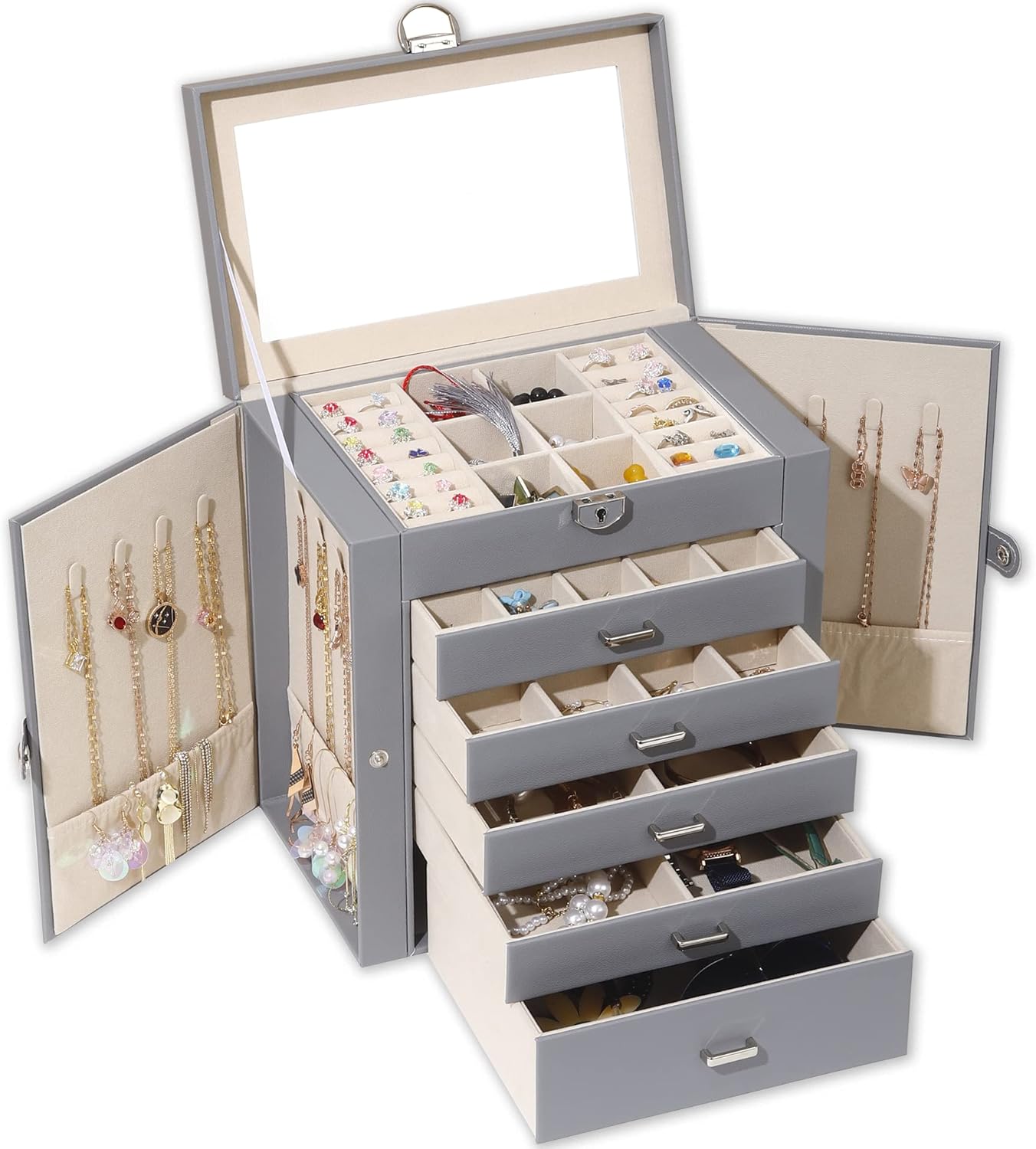 BOOVO Jewelry Box For women, 6 Layer Large Jewelry Organizer With Mirror, Multi-Function Storage Box With Lock, Accessory Holder With 5 Drawers, For Earrings Necklace Ring Bracelet (Gray)