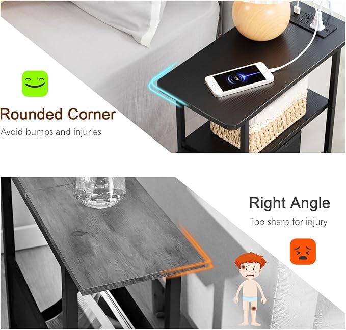 Narrow End Tables Living Room Set of 2 with Charging Station, Skinny Side Table with Fabric Drawers, Slim Nightstand for Bedroom, Small Spaces, Couch, Black, HETNDP02BK