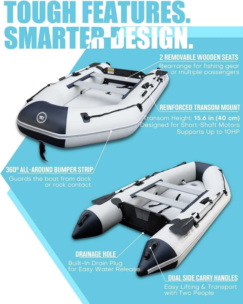 10ft Inflatable Dinghy Boat for Adult with Drop-Stitch Floor 3-4 Person Infla...