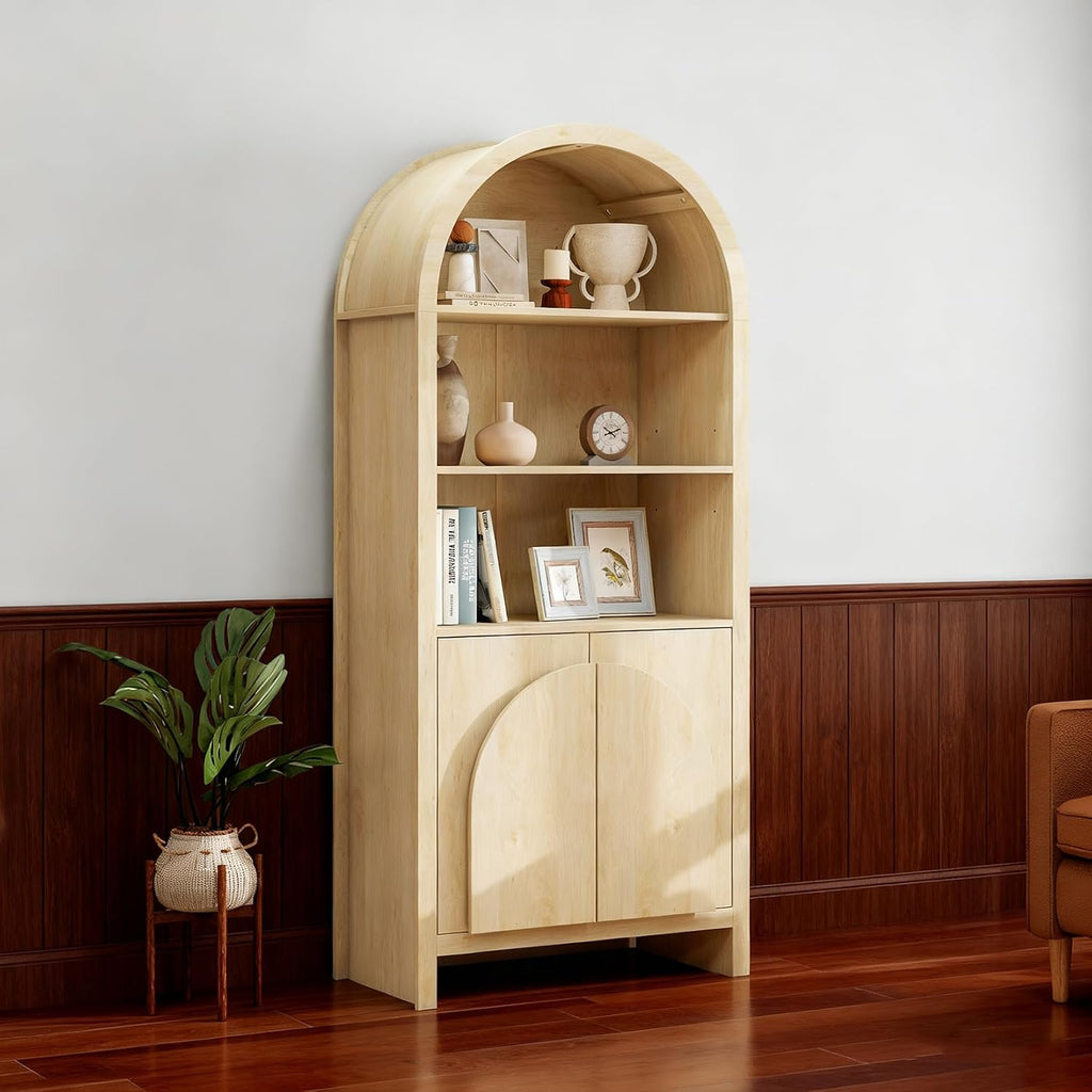 Arched Kitchen Pantry Storage Cabinet w/Adjustable Shelves, 2 Doors, 70.2" Tall Freestanding Cupboard for Kitchen/Dining Room/Living Room, Natural B