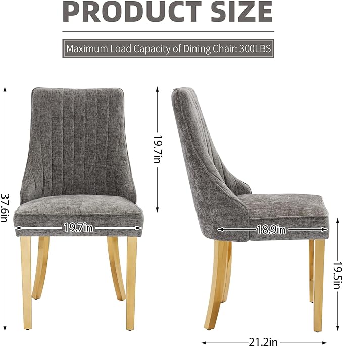 Dining Chairs Set of 4，Modern Channel Tufted Upholstered Dining Chairs with Golden Stainless Steel Legs, Comfortable Chenille Fabric Kitchen Chairs for Dining Room (Grey, 4pc)