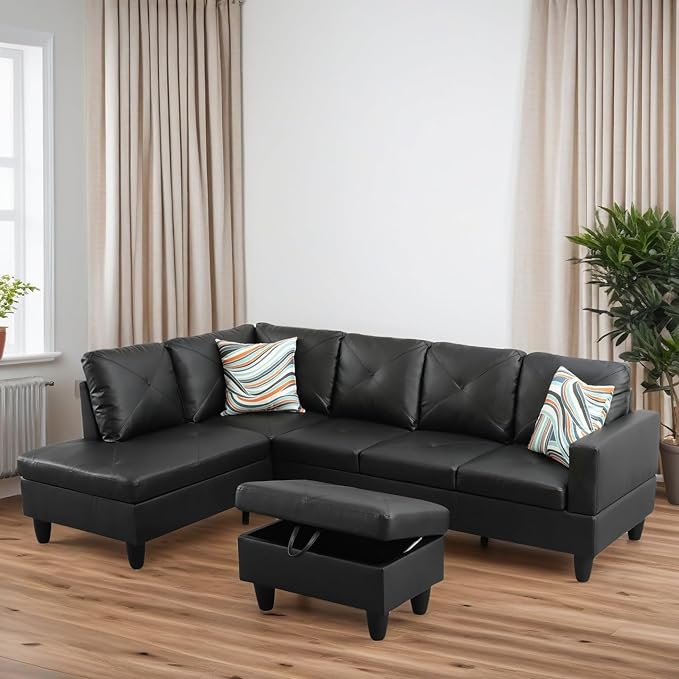 L-Shaped Sectional Sofa with Movable Chaise & Storage Ottoman, Leather 3-Piece Modular Convertible Couches for Living Room, Black
