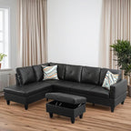 L-Shaped Sectional Sofa with Movable Chaise & Storage Ottoman, Leather 3-Piece Modular Convertible Couches for Living Room, Black