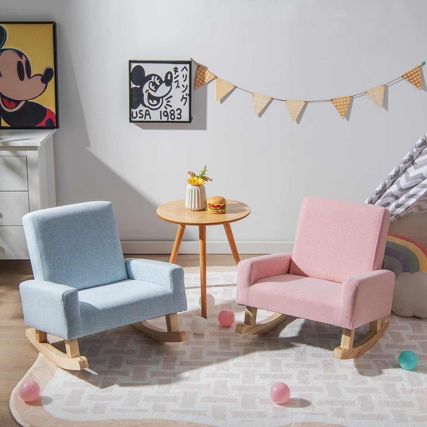 Kids Rocking Chair, Toddler Couch with Solid Wood Base & Non-Slip Pads, Durable Linen Fabric Toddlers Sofa, Children Rocker Armchair in Playroom, Nursery, Bedroom
