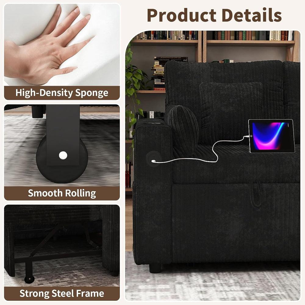 3 in 1 Pull Out Couch, Corduroy L Shaped Couch Sleeper Sofa Bed, Black | Reve...