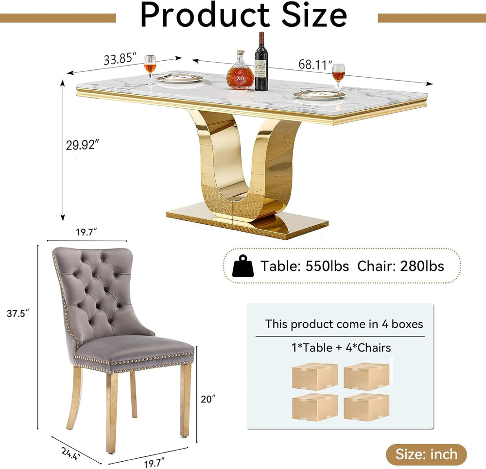 SSLine Modern White Marble Dining Table Set for 4,Luxury 68" Faux Marble...