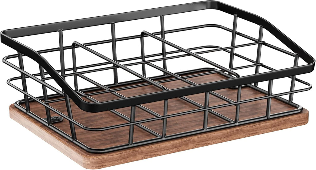 Tea Bag Organizer, Tea Bag Holder Storage with 6 Slots Iron Wire Basket with Wooden Base, Tea Bar Accessories for Countertop Cabinet Drawer, Tea Station for Coffee Capsules Creamer Sweetener Sugar