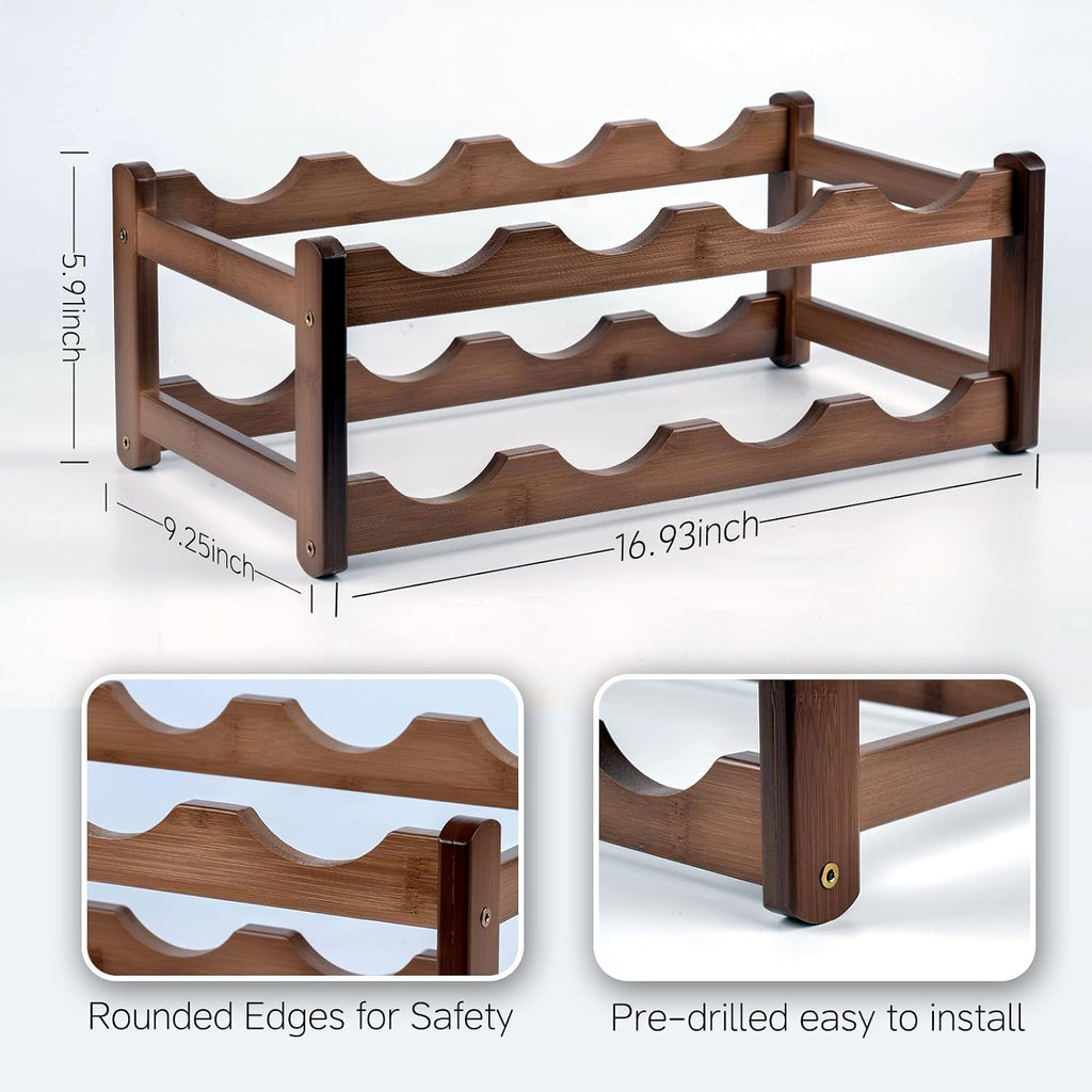 Bamboo Wine Rack, Walnut Finish 2-Tier Freestanding Storage Shelf, Holds 8 Bottles, Space Saving Countertop Cabinet Organizer for Basement, Kitchen, Pantry, Dining Room, Bar