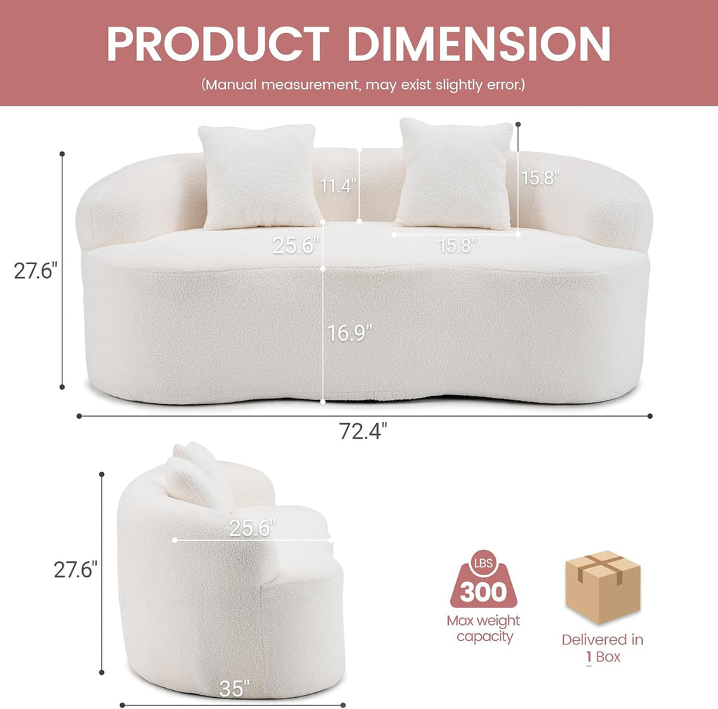 72” Curved Loveseat Sofa, Modern Teddy Boneless Couch with 2 Pillows for Small Spaces Living Room Bedroom, No Assembly Required (Cream White)