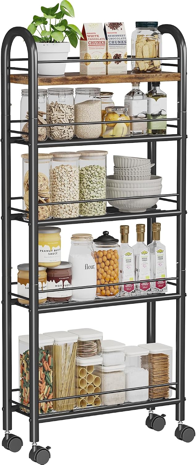 Slim Storage Cart, 5 Tier Narrow Utility Cart with Metal Frame and Wooden Top, Rolling Storage Organizer Shelving Unit for Kitchen, Dining Room, Living Room,Home Office, Vintage