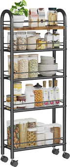 Slim Storage Cart, 5 Tier Narrow Utility Cart with Metal Frame and Wooden Top, Rolling Storage Organizer Shelving Unit for Kitchen, Dining Room, Living Room,Home Office, Vintage