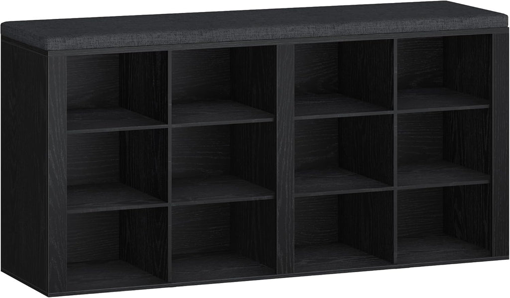 Hzuaneri Shoe Storage Bench with Cushion, Entryway 12-Cubby Shoe Rack | multifunction shoe organizer cabinet with adjustable shelves for hallway, bedroom, living room, Black SB19004GY
