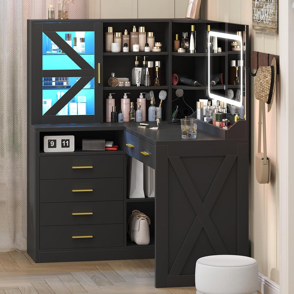 Black L-Shaped Corner Vanity with LED Lighted Mirror & Open Storage Shelv...