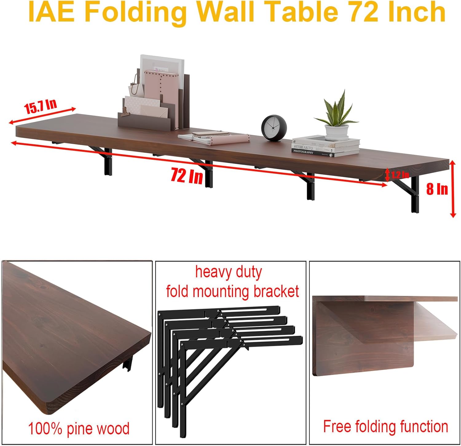 IAE Wall Mounted Folding Table with Pine Wood,72" x 16" Floating Wall Desk,Laundry Folding Table with Shelf Brackets,Fold Down Desk Shelf,Folding Workbench for Home,Dining,Laundry Room,Kitchen,Brown