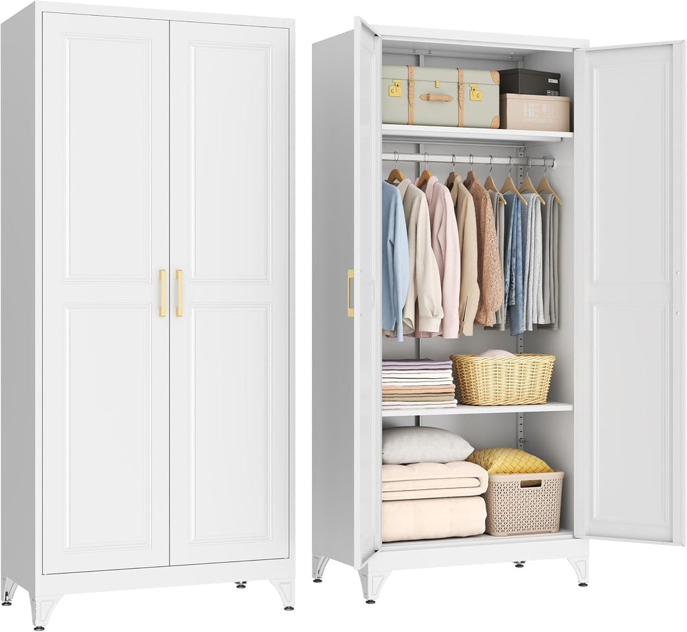SteeLoong Metal Wardrobe Cabinet with Hanging Rod, 71" Tall Armoire Ward...
