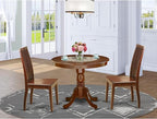 East West Furniture ANIP3-MAH-W 3 Piece Dining Set Contains a Round Dining Room Table with Pedestal and 2 Wood Seat Chairs, 36x36 Inch, Mahogany