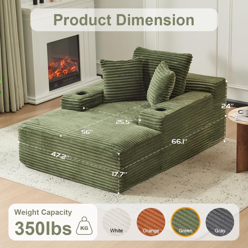 66" Oversized Chaise Lounge Sofa Chair Indoor, Modern Corduroy Single Sleeper Couch Chair with 3 Soft Pillows＆Cup Holder, Boneless Cloud Couch Single Seat Sofa Bed for Living Room Office (Green)