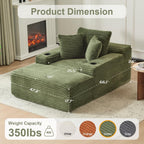 66" Oversized Chaise Lounge Sofa Chair Indoor, Modern Corduroy Single Sleeper Couch Chair with 3 Soft Pillows＆Cup Holder, Boneless Cloud Couch Single Seat Sofa Bed for Living Room Office (Green)