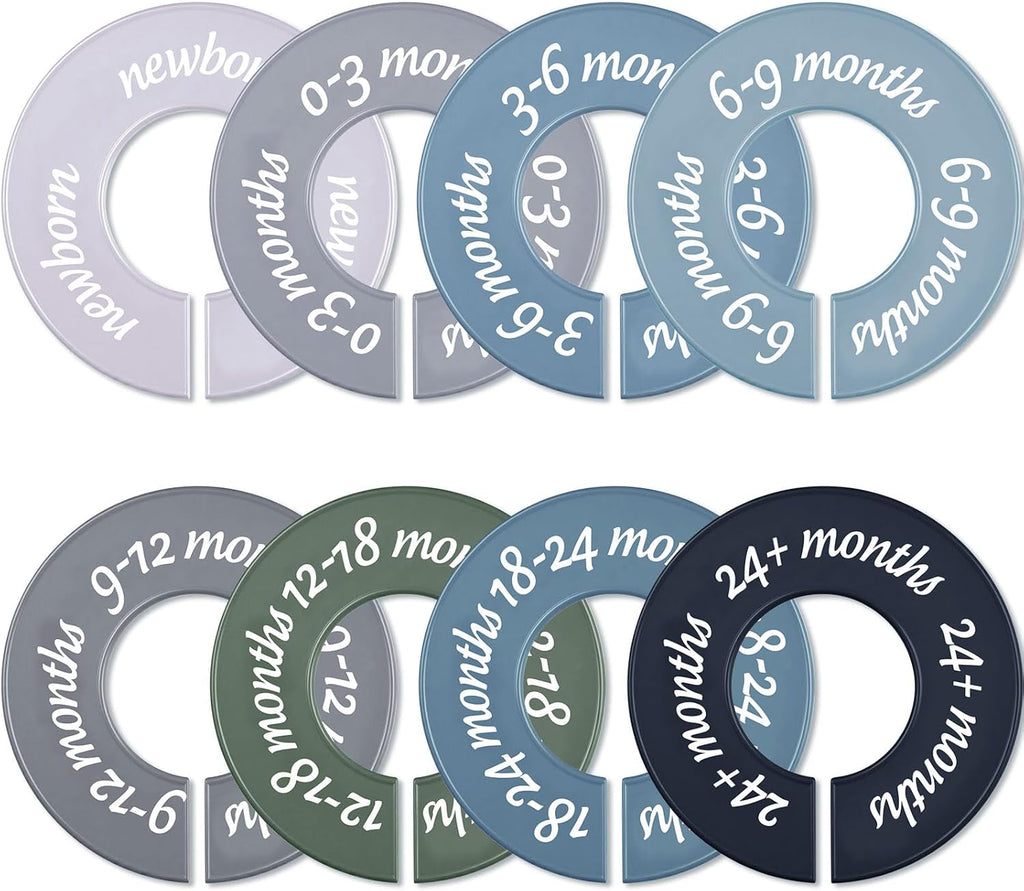 8 Pcs Baby Closet Dividers, Gifts for Moms, Unisex Baby Clothes Organizers, Clear Label Nursery Closet Organizer & Decor, Fits Most Rods(Modern,Cool Colors)