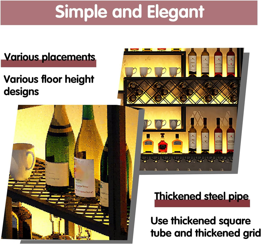 118IN Large Wall Mounted Wine Rack with LED Light, Metal Floating Liquor Bott...