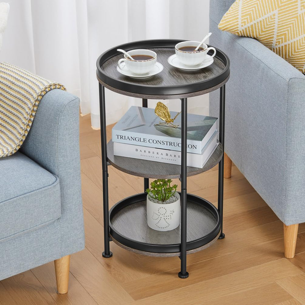 Dulcii Round Side Table with 3 Shelves for Living Room, Bedroom Nightstand wi...