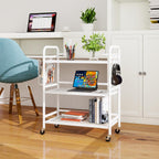 HDANI 3 Tier Metal Mesh Utility Cart,Large Capacity Multipurpose Heavy Vehicle,Rolling Trolley with to Hooks and One Basket(White)