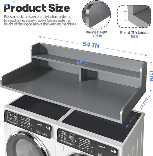2-Tier Washer and Dryer Countertop with 2.75" H Guard,54" W x 27.5" D Laundry Countertop Cover with Non-Slip Pad,Large Space Laundry Topper for Folding Clothes Over Washer and Dryer-Gray