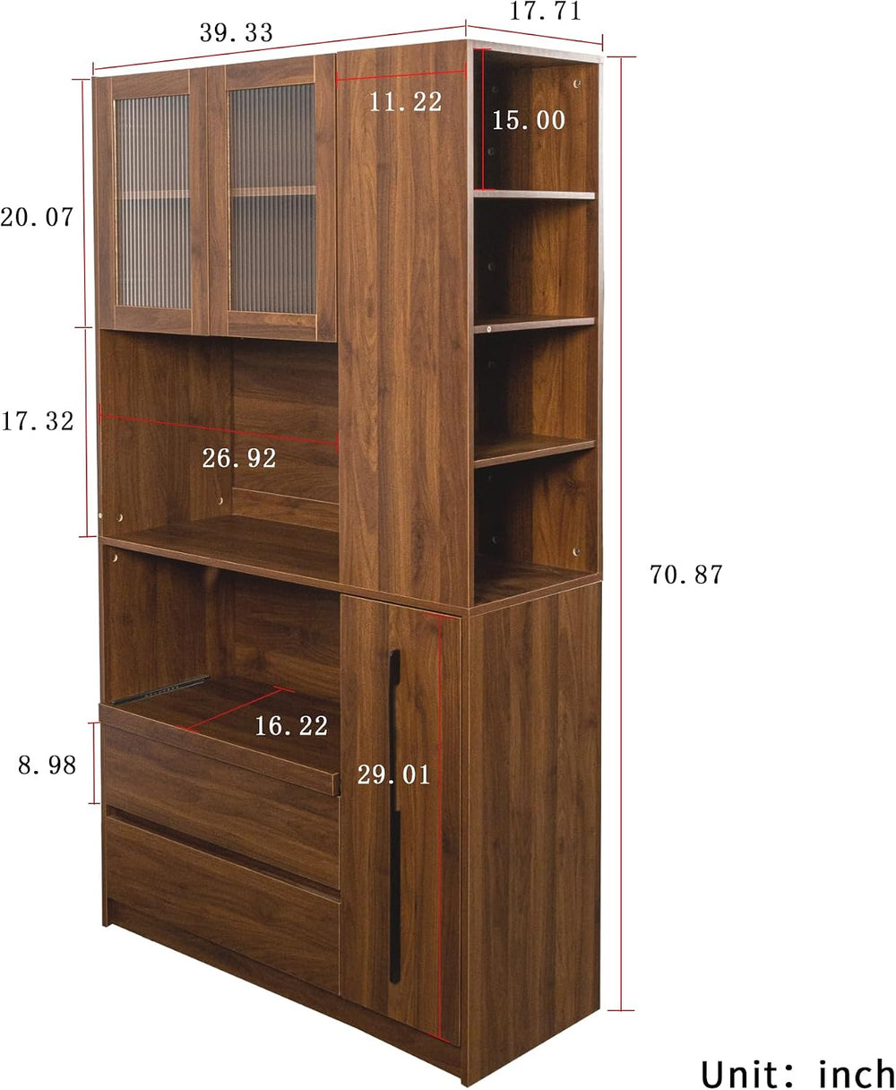 70.87" Kitchen Pantry Cabinet with Microwave Stand, Multi-Tier Pull-Out ...