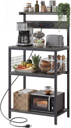 OLIXIS Standing Bakers Rack with Power Outlet, 23.6 Inch Microwave Stand | Kitchen Storage Rack, 3 Adjustable Shelves, Coffee Bar Organizer, Small Appliances, Space Saver, Grey