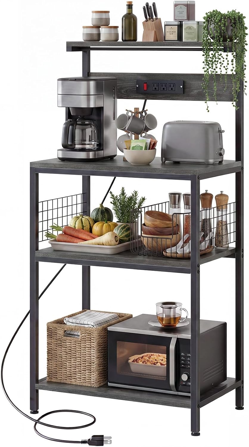 OLIXIS Standing Bakers Rack with Power Outlet, 23.6 Inch Microwave Stand | Kitchen Storage Rack, 3 Adjustable Shelves, Coffee Bar Organizer, Small Appliances, Space Saver, Grey