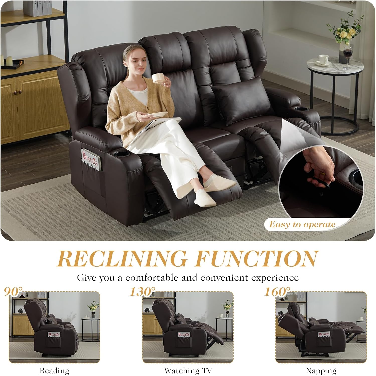 Loveseat Recliner Sofa,RV Wall Hugger Recliners with Flip-up Console,Reclining Loveseat Sofa Recliner with Cup Holders/Lumbar Pillows for Small Spaces,RV Furniture (PU Brown, 68" 2-Seater)