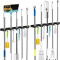AceMining 2 Pack Black 5 Racks and 4 Hooks Mop and Broom Holder Wall Mount, Broom Organizer Storage Tool Racks Stainless Steel Heavy Duty Hooks Self Adhesive Solid Non-slip for Home Kitchen Garden