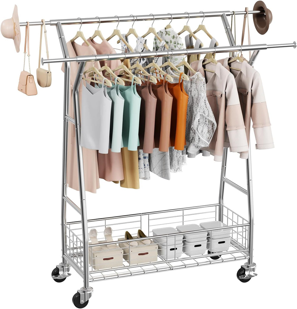 VEVOR Clothes Rack, Rolling Clothing Garment Rack, Extendable Carbon Steel Cl...