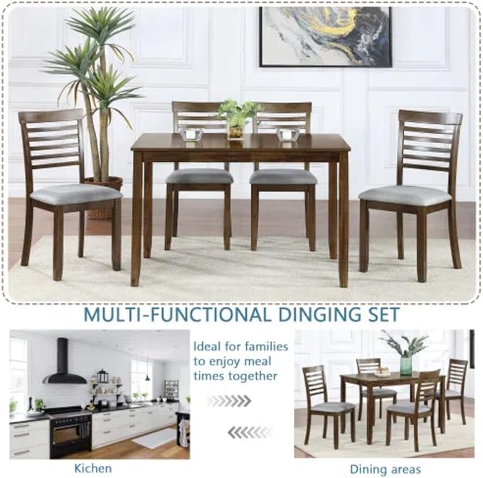 5-Piecern Dining Table Set, Kitchen Set with One Rectangular Table and 4 Upholstered Chairs, Living Room Chairs with Ladder Backrest and Comfortable Seat Cushion, Walnut