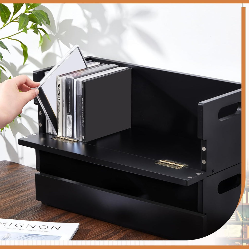 CroBlissful 2 Set Wooden CD Storage Box Holder Shelf Cassette Tape Display Racks with Carrying Handles, Organizer Shelf for Movie Cases, DVDs, Each Set Can Store up to 36 Pcs CDs (Black)