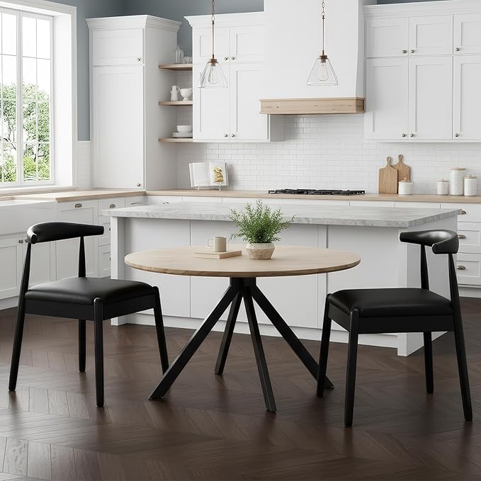 Farini Mid Century Modern Dining Chairs Set of 2, Solid Wood Frame Kitchen Chairs with PU Leather Upholstered Seat for Dining Room & Breakfast Nook,Black-Black