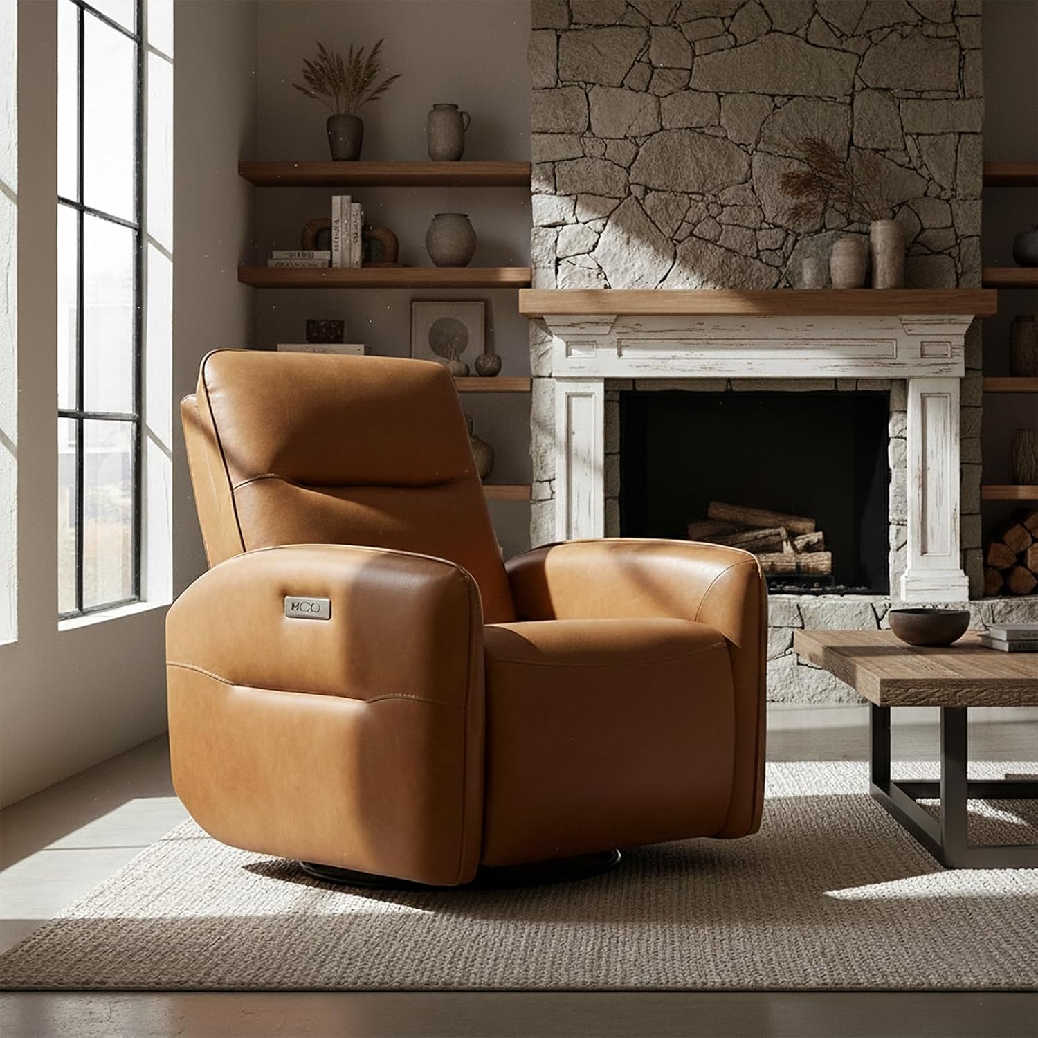 CHITA Faux Leather Power Recliner Chair, Swivel Glider, Camel | Nursery Rocking Chair for Adults with USB & Type-C Charging Ports, Electric Recliner for Living Room & Bedroom
