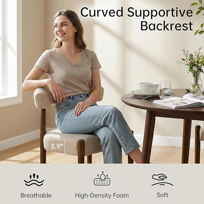 VKNOW Wooden Dining Chairs Set of 2, Modern Upholstered Dining Room Chairs with Walnut Wood Legs and Curved Backrest, Fabric Kitchen Chairs for Farmhouse/Living Room/Dining Room, Beige