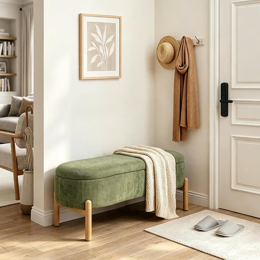 Storage Bench Ottoman With Hidden Storage And Corduroy Fabric, Green | Oval U...