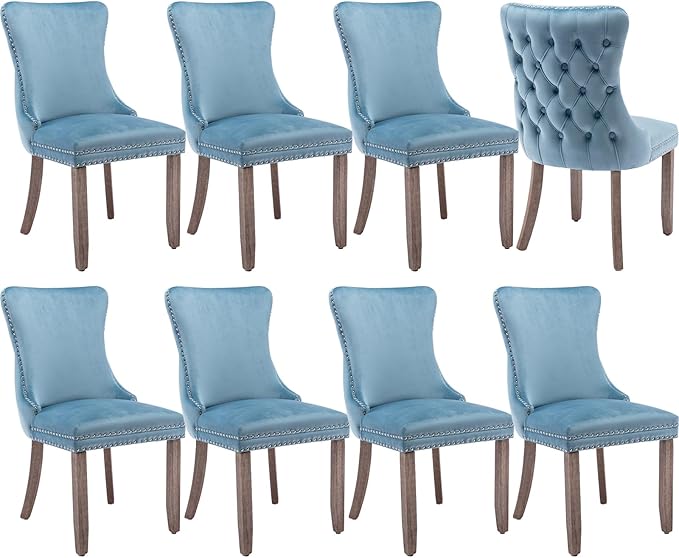 Modern Dining Chairs Set of 8, Upholstered Dining Chair with Full Back and Button Tufting, Blue Velvet Accent Chair, Sillas de Comedor, Kitchen & Dining Room Chairs (Light Blue, Velvet, 8Pcs)