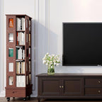 Solid Wood Rotating Bookshelf Tower, 5-Tier Square Spinning Bookcase with Drawer, 70" Floor Standing Revolving Bookshelf on Wheels, Corner Bookcase for Small Space, Walnut