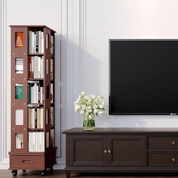 Solid Wood Rotating Bookshelf Tower, 5-Tier Square Spinning Bookcase with Drawer, 70" Floor Standing Revolving Bookshelf on Wheels, Corner Bookcase for Small Space, Walnut