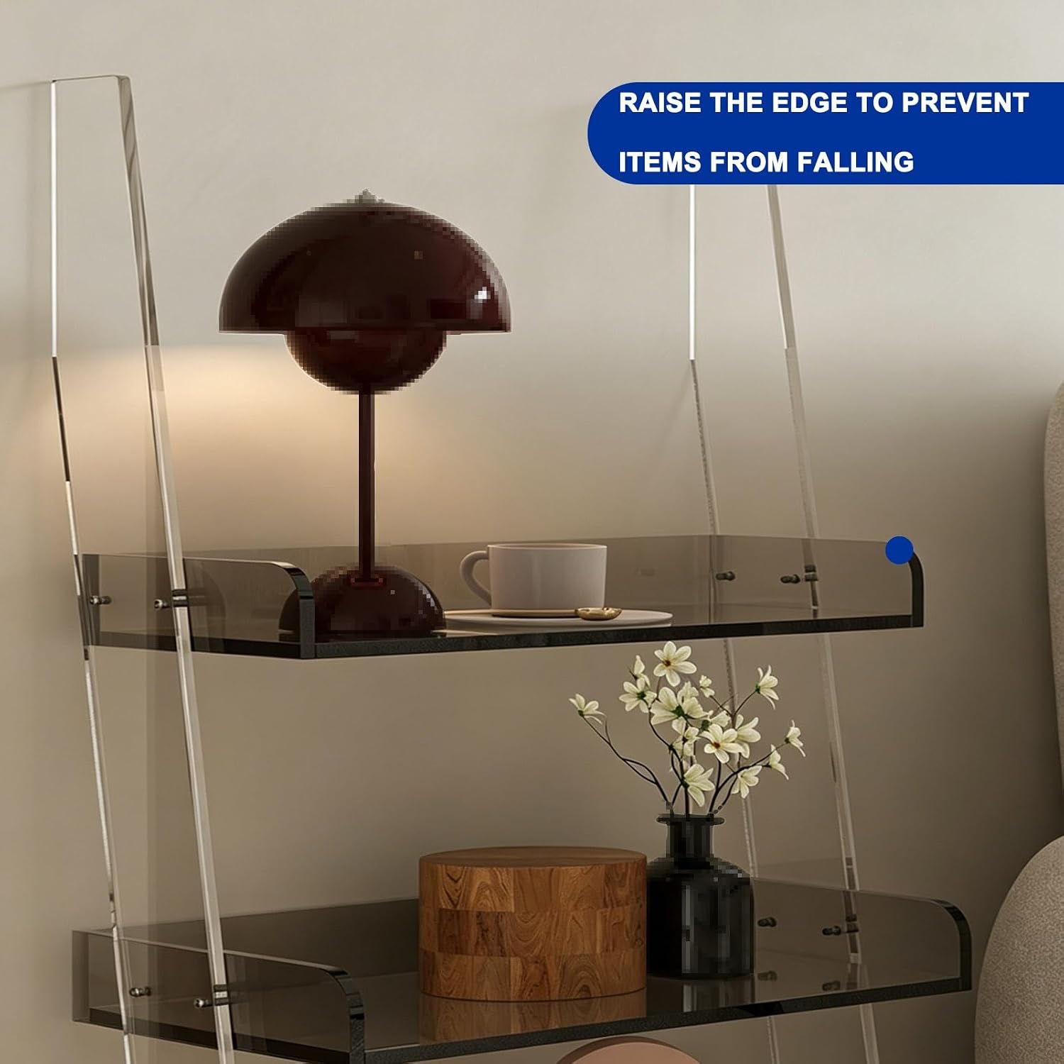 3 Tier Acrylic Ladder Corner Shelf, Freestanding Storage Display Rack with Anti Fall Raised Edge, Space Saving Side Table Organizer for Living Room Office Home Decor(Brown)