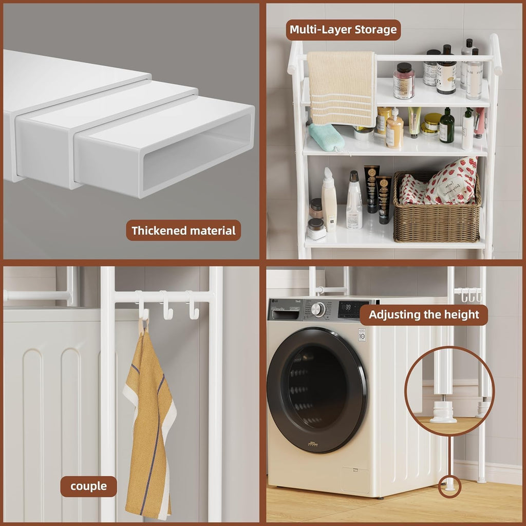 Over The Washer and Dryer Storage Shelf, 3 Tier Laundry Room Metal Drying Rack with Towels Hangers, Space Saver Organizer for Hanging Clothes and Towels (Metal White RA2)