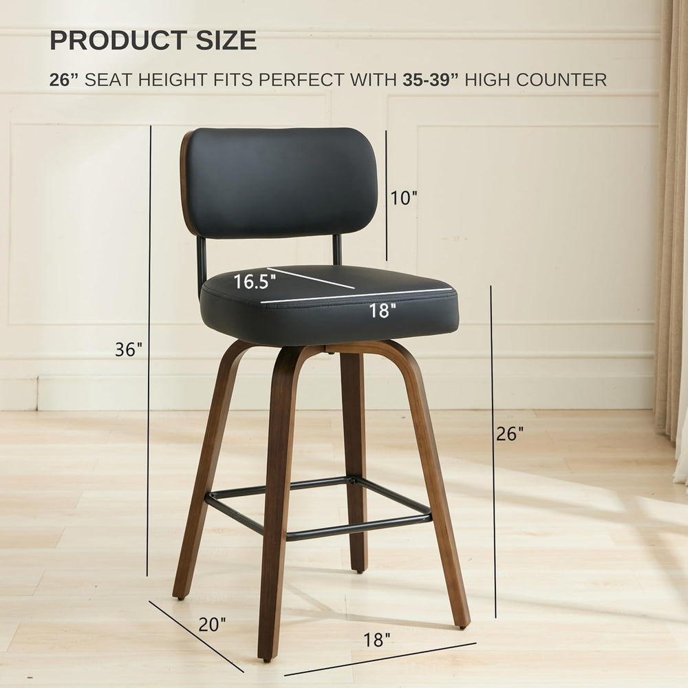 Swivel Bar Stools Set of 3, 26" Counter Height, Black | Walnut Wood Legs...