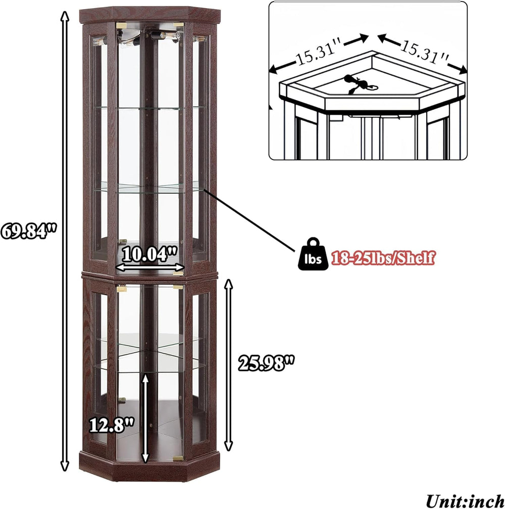 69" H Lighted Corner Curio Cabinet, 5-Tier Curio Glass Display Cabinet w...