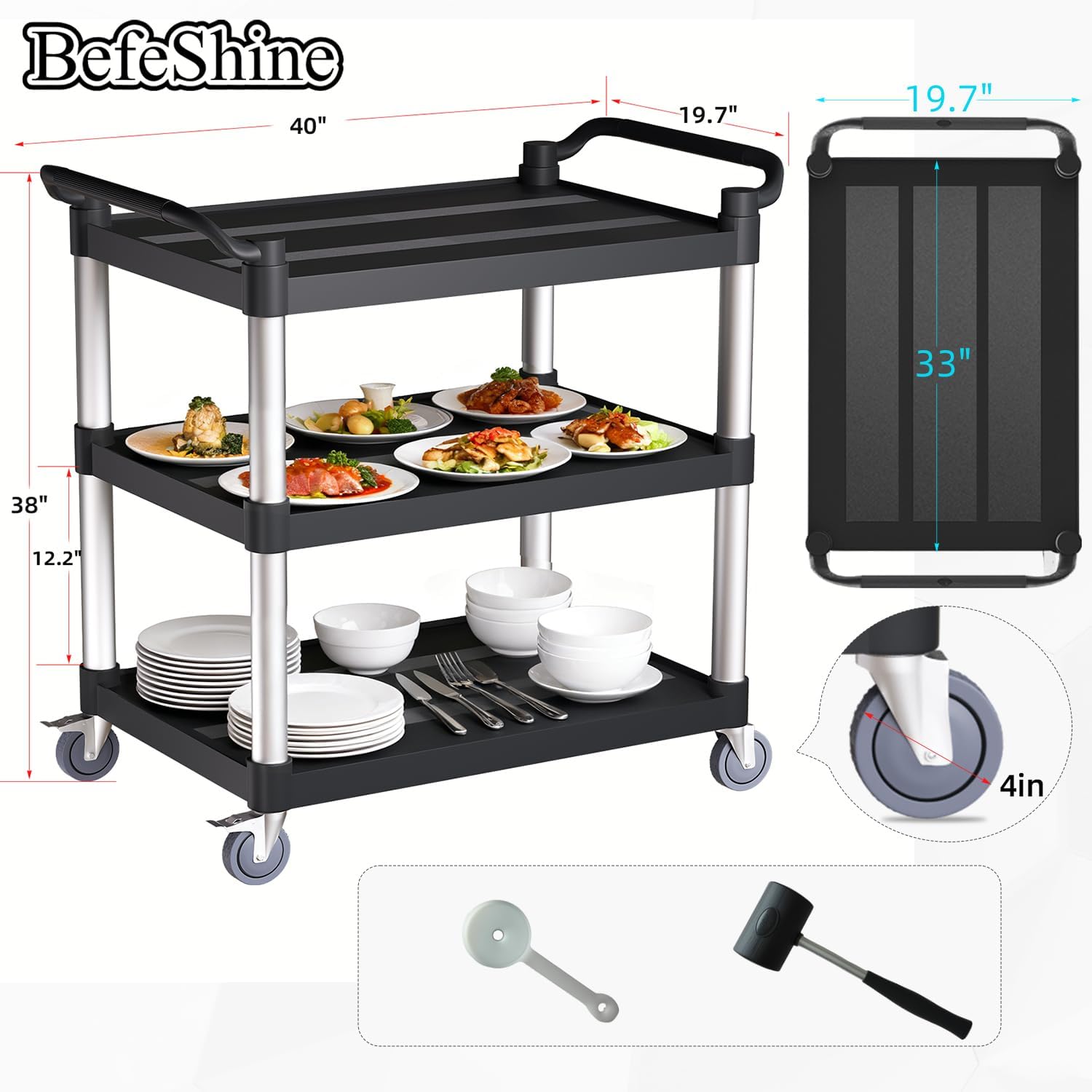 3 Tier Rolling Cart with Hair-Proof Wheels, Plastic Utility Service Cart, Heavy Duty 450 Lbs Capacity, Solid Handle,Commercial Serving Cart for Home/Office/Restaurant/Warehouse.40×19.7"×38"