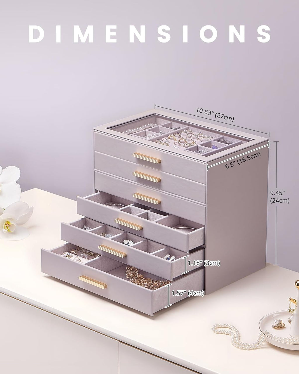 Lolalet Jewelry Box Organizer, 6-Layer Jewelry Organizers and Storage Case with Glass Lid, Ring Earring Bracelet Necklace Holder Organizer, Birthday Christmas Gifts for Women Girls -6Layer, HazePurple