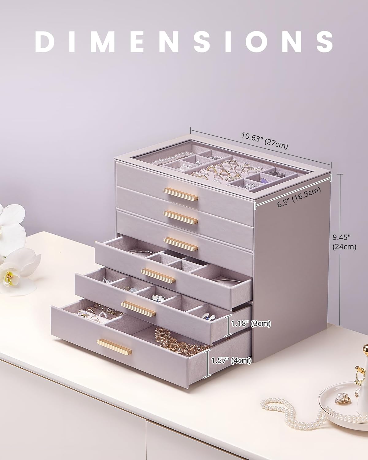 Lolalet Jewelry Box Organizer, 6-Layer Jewelry Organizers and Storage Case with Glass Lid, Ring Earring Bracelet Necklace Holder Organizer, Birthday Christmas Gifts for Women Girls -6Layer, HazePurple